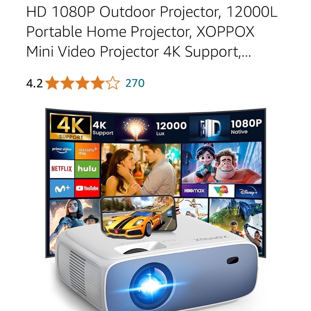 4K Support HD 1080P Portable Projector - White and Blue